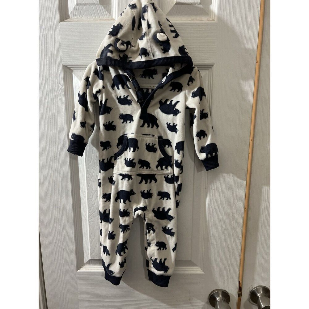Carters One Piece Hooded Fleece Outfit white with Navy Bears 12 Months
